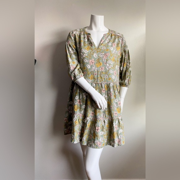 Cynthia Rowley Linen Babydoll Dress Puff Sleeves Floral Boho Green Pink Resort M - Picture 2 of 11
